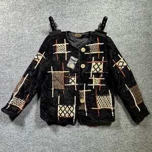 Vintage Julia Kim Jacket Women PS Black Patchwork Button Front Art To Wear Retro